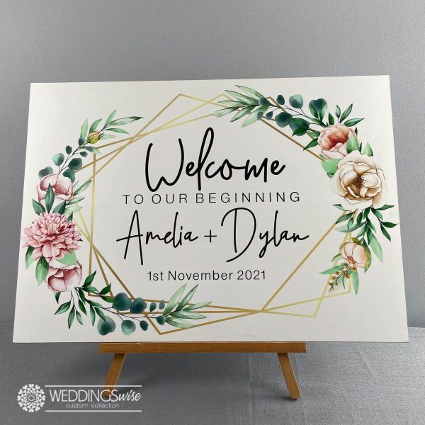 Gold Flower Wreath Welcome Sign