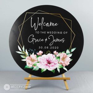 Black Spring Flower Wreath Printed Welcome Sign