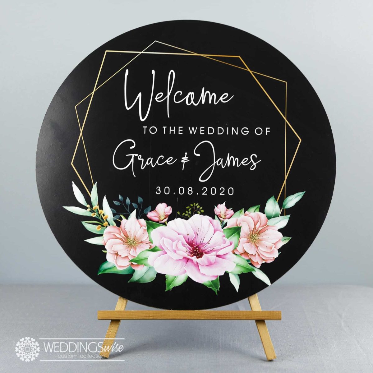Black Spring Flower Wreath Printed Welcome Sign