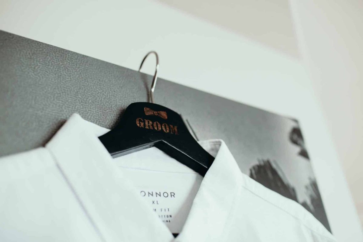 "Groom" Laser Engraved Coat Hanger- Natural Timber Wedding Suit Display - Image 4