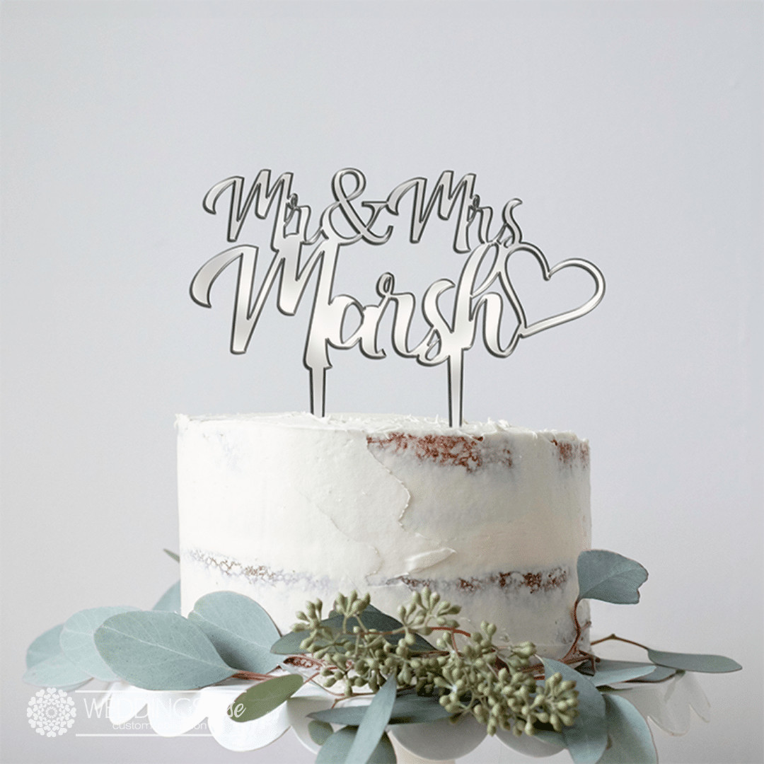 Mr & Mrs Custom Surname & heart Cake Topper