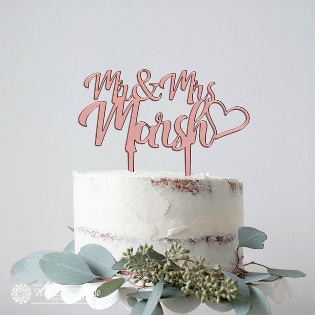 Mr & Mrs Custom Surname & heart Cake Topper