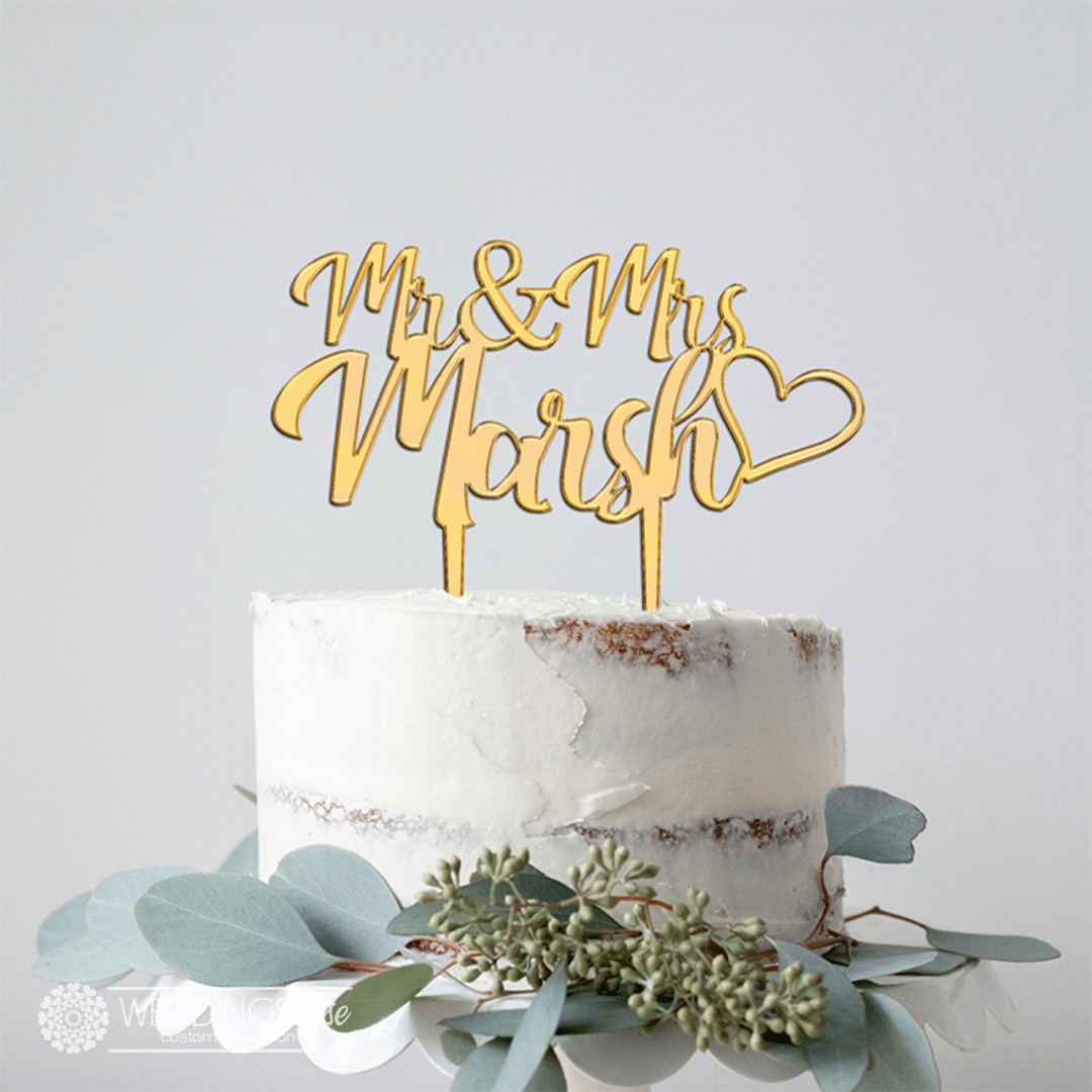 Mr & Mrs Custom Surname & heart Cake Topper