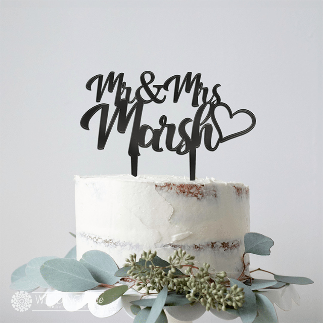 Mr & Mrs Custom Surname & heart Cake Topper