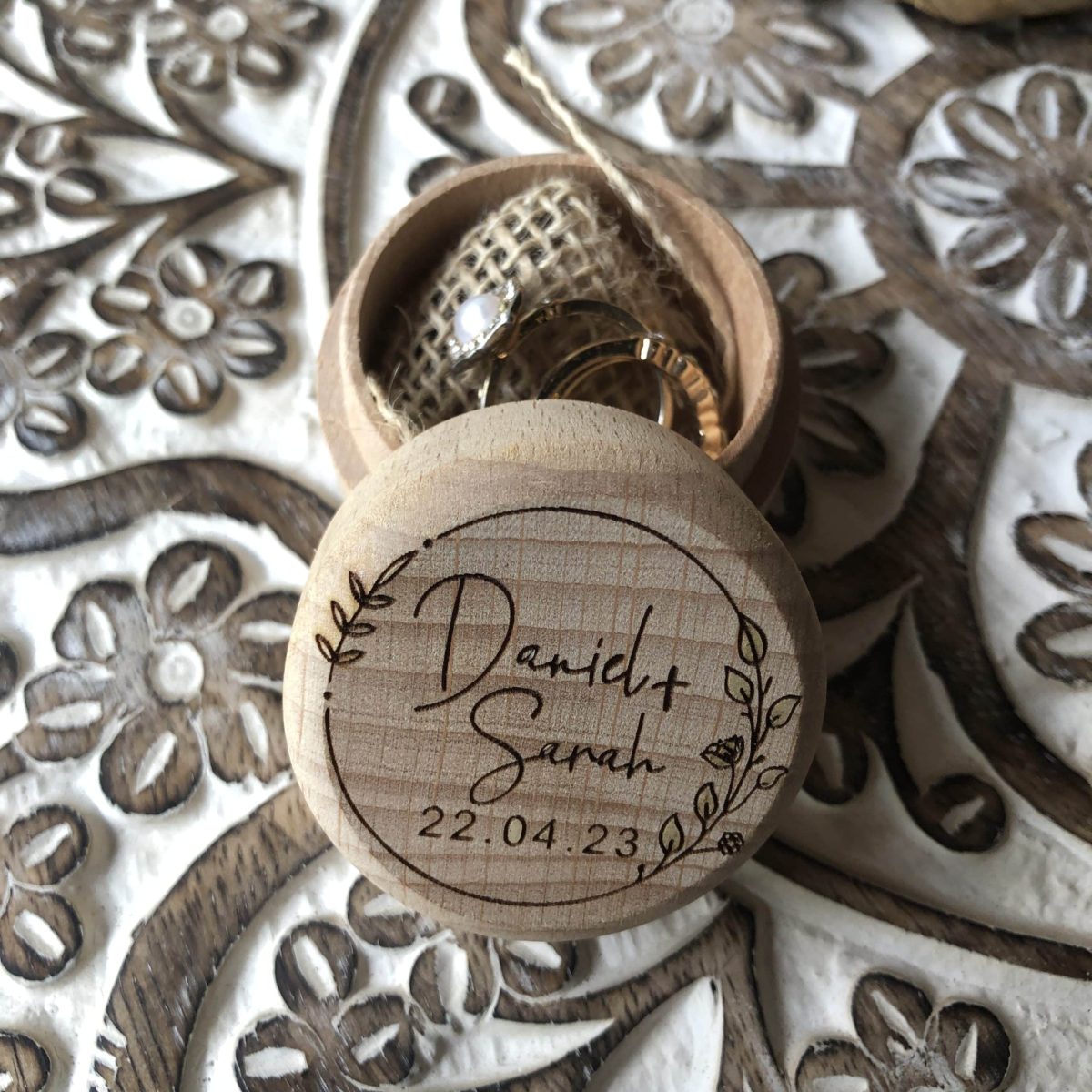 "Personlised Flower Wreath" Timber Ring Box- Custom Names and Wedding Date - Image 11