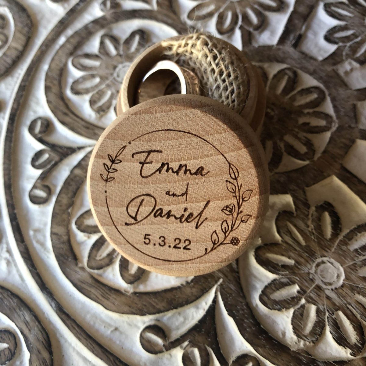 "Personlised Flower Wreath" Timber Ring Box- Custom Names and Wedding Date - Image 12