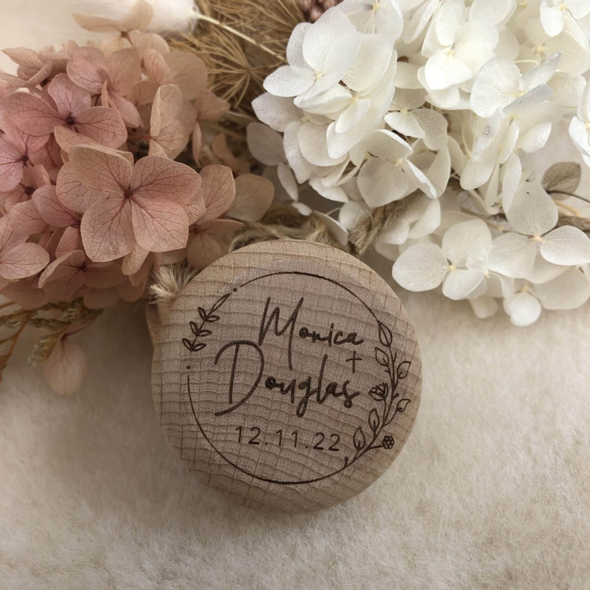 "Personlised Flower Wreath" Timber Ring Box- Custom Names and Wedding Date - Image 10
