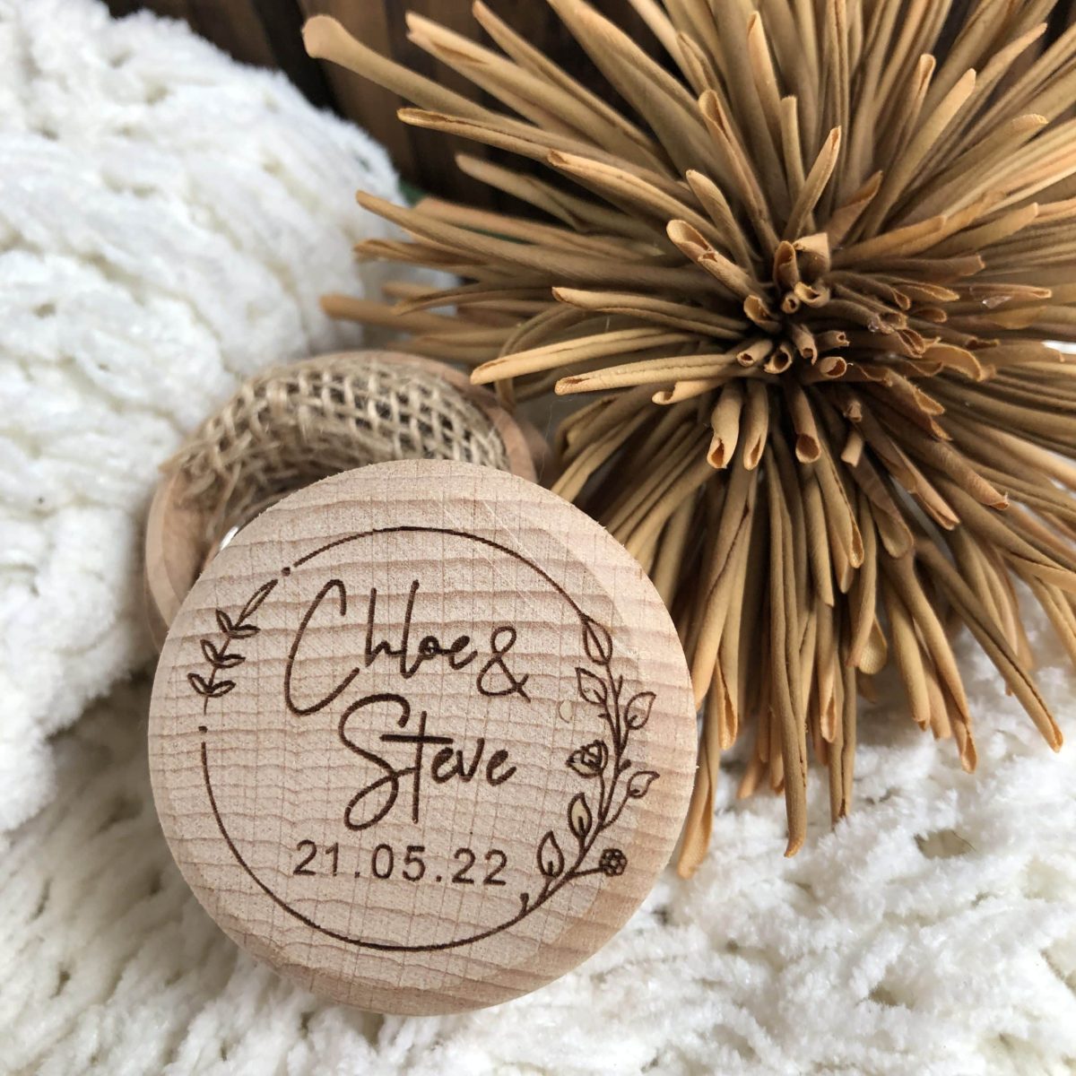 "Personlised Flower Wreath" Timber Ring Box- Custom Names and Wedding Date - Image 14