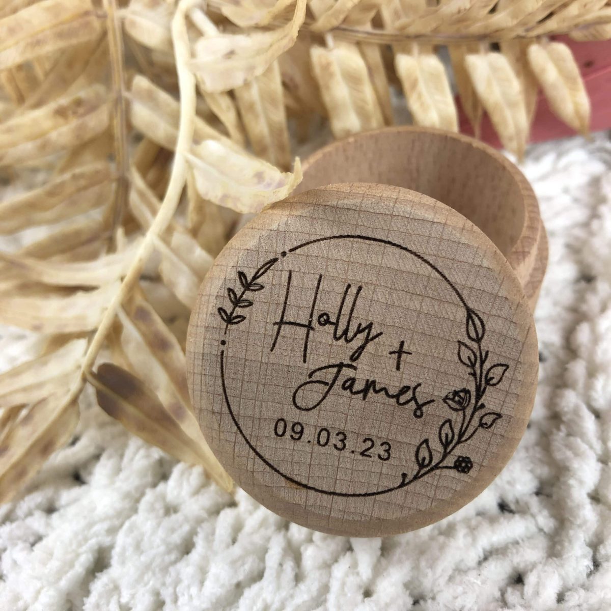 "Personlised Flower Wreath" Timber Ring Box- Custom Names and Wedding Date - Image 9