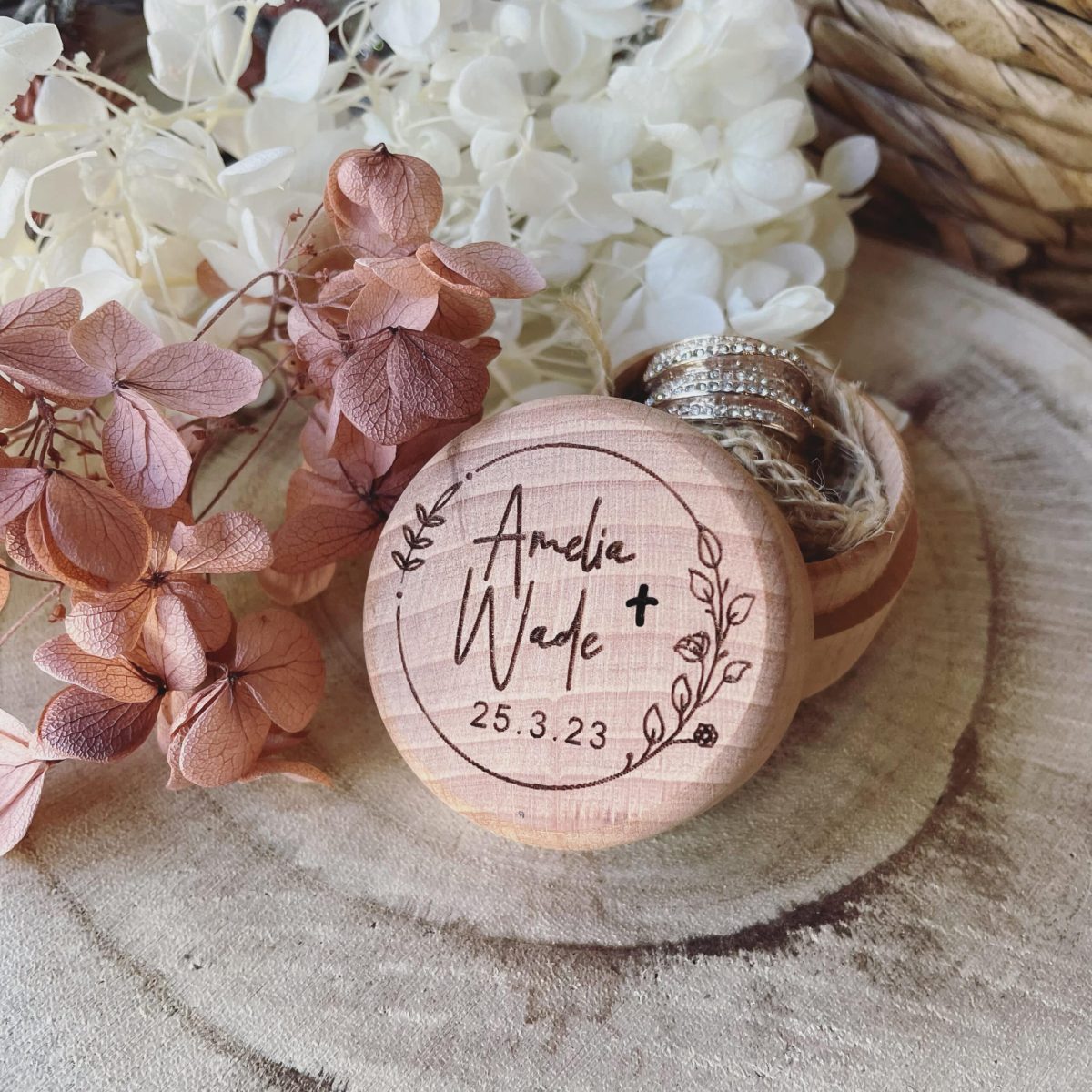 "Personlised Flower Wreath" Timber Ring Box- Custom Names and Wedding Date - Image 8