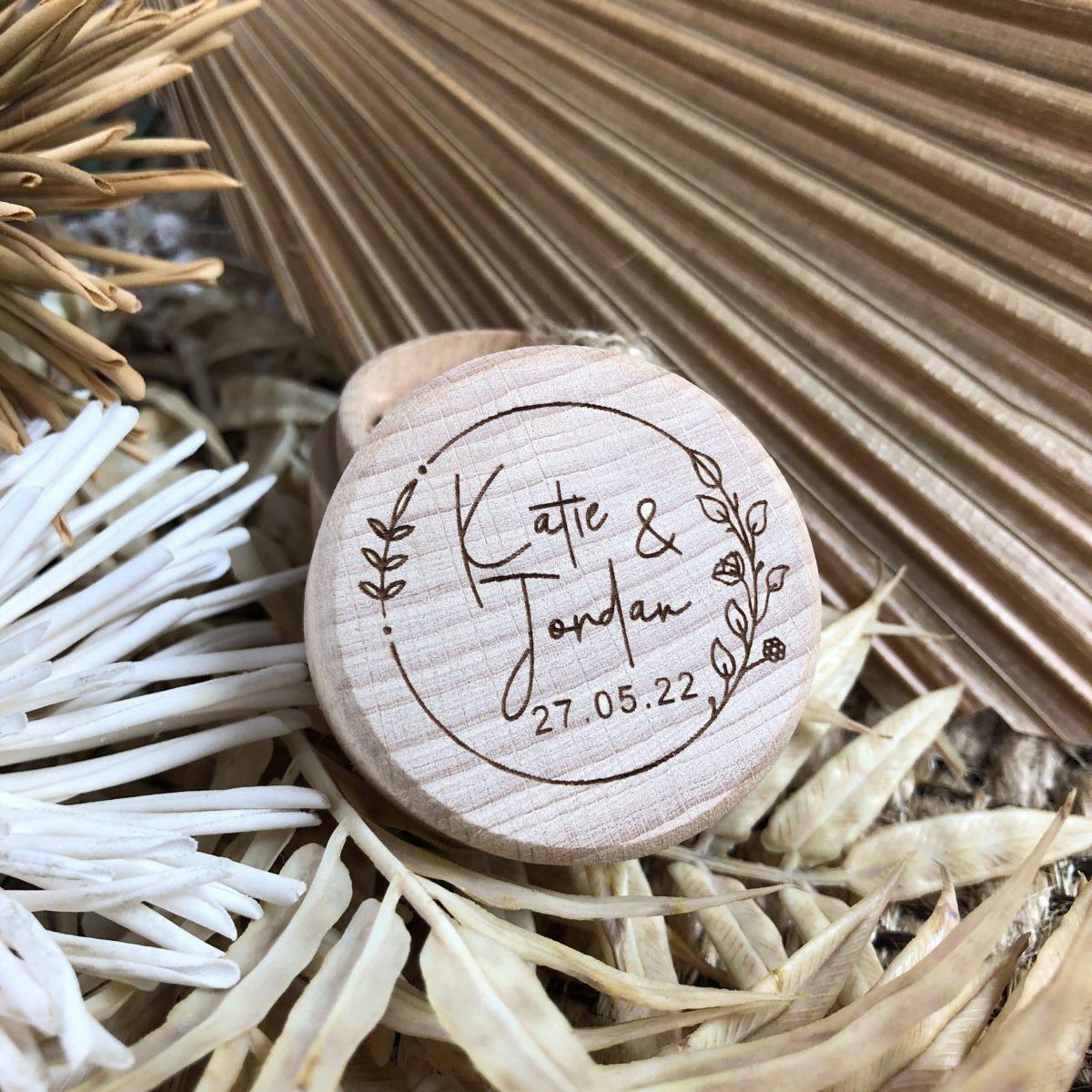 "Personlised Flower Wreath" Timber Ring Box- Custom Names and Wedding Date - Image 7
