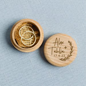 "Personlised First Names & Date" Timber Ring Box- Single Wreath Design