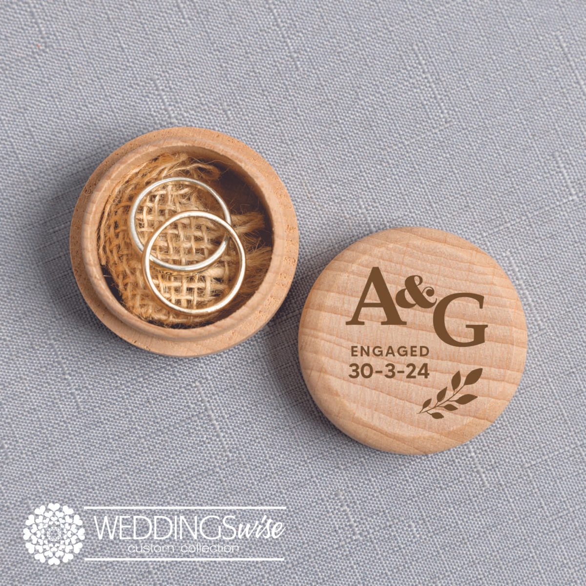 "Initials with Engagement Date" Timber Ring Box- Single Wreath Design