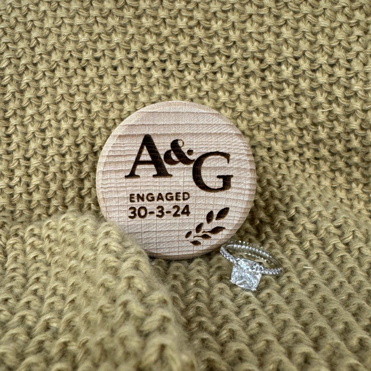 "Initials with Engagement Date" Timber Ring Box- Single Wreath Design - Image 2