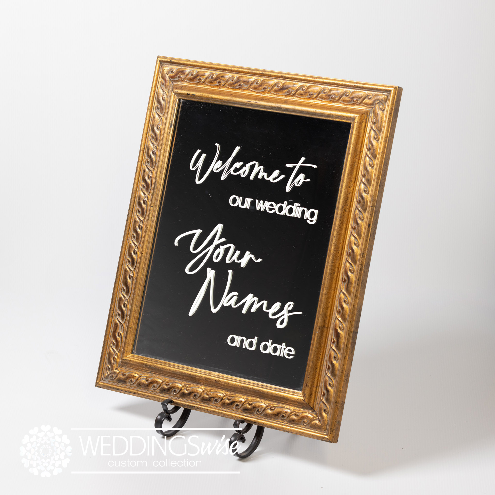 Hire- Antique Gold Framed Personlised <br>Mirror Welcome Sign